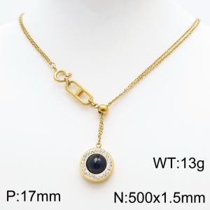 Stainless Steel Necklace Link Chain With Black Stone Pendant Gold Color - KN238401-Z
