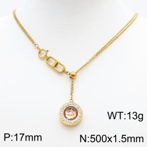 Stainless Steel Necklace Link Chain With Light Pink Stone Pendant Gold Color - KN238402-Z
