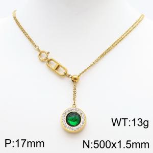 Stainless Steel Necklace Link Chain With Green Stone Pendant Gold Color - KN238403-Z