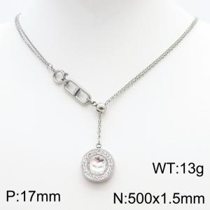 Stainless Steel Necklace Link Chain With White Stone Pendant Silver Color - KN238404-Z