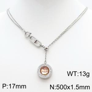 Stainless Steel Necklace Link Chain With Light Pink Stone Pendant Silver Color - KN238405-Z