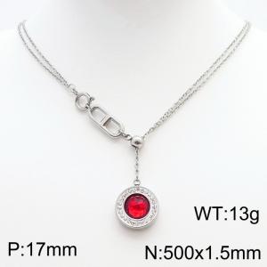Stainless Steel Necklace Link Chain With Red Stone Pendant Silver Color - KN238406-Z