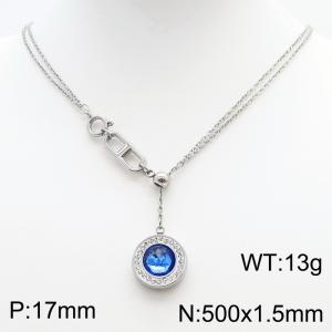 Stainless Steel Necklace Link Chain With Blue Stone Pendant Silver Color - KN238407-Z