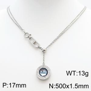 Stainless Steel Necklace Link Chain With Light Blue Stone Pendant Silver Color - KN238408-Z