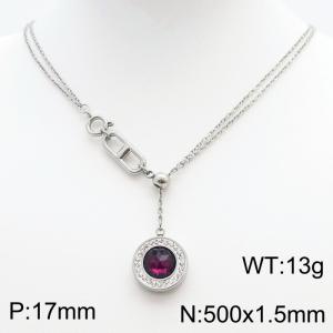 Stainless Steel Necklace Link Chain With Light Red Stone Pendant Silver Color - KN238409-Z