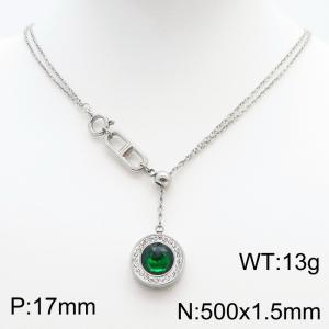 Stainless Steel Necklace Link Chain With Green Stone Pendant Silver Color - KN238412-Z