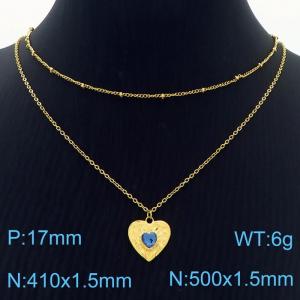 Stainless Steel Necklace Double Link Chain With Blue Stone Heart Pendant Gold Color - KN238413-Z