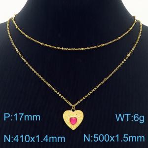 Stainless Steel Necklace Double Link Chain With Red Stone Heart Pendant Gold Color - KN238414-Z