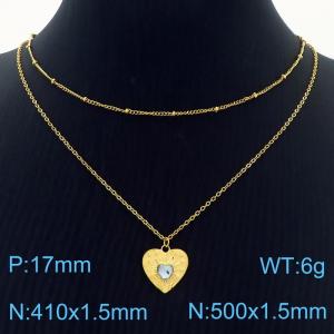 Stainless Steel Necklace Double Link Chain With Light Blue Stone Heart Pendant Gold Color - KN238415-Z
