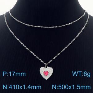 Stainless Steel Necklace Double Link Chain With Red Stone Heart Pendant Silver Color - KN238417-Z
