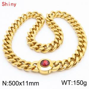 50cm personalized trendy titanium steel polished Cuban chain gold necklace with red crystal snap closure - KN238450-Z