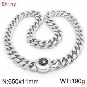 65cm personalized trendy titanium steel polished Cuban chain silver necklace with black crystal snap closure - KN238460-Z