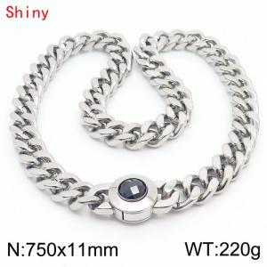 75cm personalized trendy titanium steel polished Cuban chain silver necklace with black crystal snap closure - KN238462-Z
