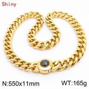 55cm personalized trendy titanium steel polished Cuban chain gold necklace with black crystal snap closure - KN238465-Z