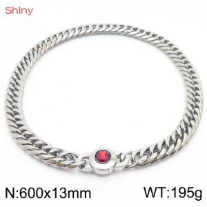600×13mm Punk Stainless Steel Cuban Chain Necklace for Men Silver Color Solid Metal Red Stone Clasp Collar Choker - KN238563-Z