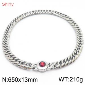650×13mm Punk Stainless Steel Cuban Chain Necklace for Men Silver Color Solid Metal Red Stone Clasp Collar Choker - KN238564-Z