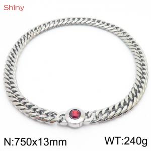 750×13mm Punk Stainless Steel Cuban Chain Necklace for Men Silver Color Solid Metal Red Stone Clasp Collar Choker - KN238566-Z