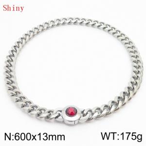 Fashionable and personalized stainless steel 600 × 13mm Cuban Chain Polished Round Buckle Inlaid with Red Glass Diamond Charm Silver Necklace - KN238711-Z