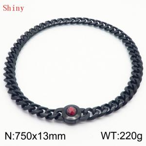 Fashionable and personalized stainless steel 750 × 13mm Cuban Chain Polished Round Buckle Inlaid with Red Glass Diamond Charm Black Necklace - KN238728-Z