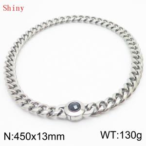 Fashionable and personalized stainless steel 450 × 13mm Cuban Chain Polished Round Buckle Inlaid with Black Glass Diamond Charm Silver Necklace - KN238729-Z