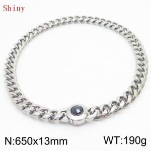 Fashionable and personalized stainless steel 650 × 13mm Cuban Chain Polished Round Buckle Inlaid with Black Glass Diamond Charm Silver Necklace - KN238733-Z