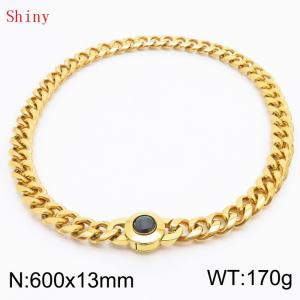 Fashionable and personalized stainless steel 600 × 13mm Cuban Chain Polished Round Buckle Inlaid with Black Glass Diamond Charm Gold  Necklace - KN238739-Z