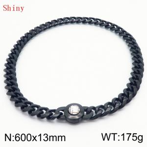 Fashionable and personalized stainless steel 600 × 13mm Cuban Chain Polished Round Buckle Inlaid with white Glass Diamond Charm Black Necklace - KN238746-Z