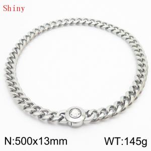 Fashionable and personalized stainless steel 500 × 13mm Cuban Chain Polished Round Buckle Inlaid with white Glass Diamond Charm Silver Necklace - KN238751-Z