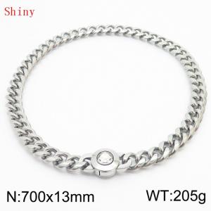 Fashionable and personalized stainless steel 700 × 13mm Cuban Chain Polished Round Buckle Inlaid with white Glass Diamond Charm Silver Necklace - KN238755-Z
