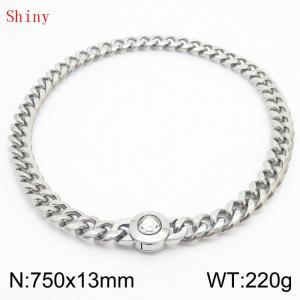 Fashionable and personalized stainless steel 750 × 13mm Cuban Chain Polished Round Buckle Inlaid with white Glass Diamond Charm Silver Necklace - KN238756-Z