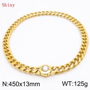 Fashionable and personalized stainless steel 450 × 13mm Cuban Chain Polished Round Buckle Inlaid with white Glass Diamond Charm Gold  Necklace - KN238757-Z