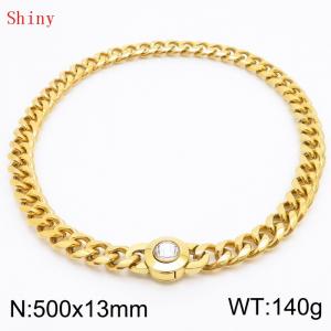 Fashionable and personalized stainless steel 500 × 13mm Cuban Chain Polished Round Buckle Inlaid with white Glass Diamond Charm Gold  Necklace - KN238758-Z