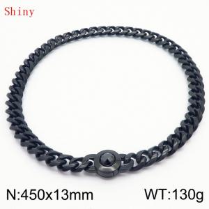 Fashionable and personalized stainless steel 450 × 13mm Cuban Chain Polished Round Buckle Inlaid with Black Glass Diamond Charm Black Necklace - KN238764-Z