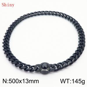 Fashionable and personalized stainless steel 500 × 13mm Cuban Chain Polished Round Buckle Inlaid with Black Glass Diamond Charm Black Necklace - KN238765-Z