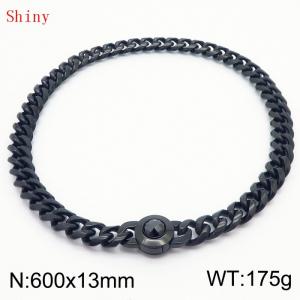 Fashionable and personalized stainless steel 600 × 13mm Cuban Chain Polished Round Buckle Inlaid with Black Glass Diamond Charm Black Necklace - KN238767-Z