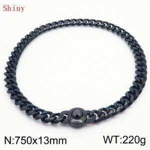 Fashionable and personalized stainless steel 750 × 13mm Cuban Chain Polished Round Buckle Inlaid with Black Glass Diamond Charm Black Necklace - KN238770-Z