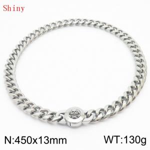 Fashionable and personalized stainless steel 450 × 13mm Cuban Chain Polished Round Buckle Inlaid Skull Head Charm Silver Necklace - KN238771-Z