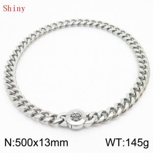 Fashionable and personalized stainless steel 500 × 13mm Cuban Chain Polished Round Buckle Inlaid Skull Head Charm Silver Necklace - KN238772-Z