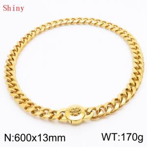 Fashionable and personalized stainless steel 600 × 13mm Cuban Chain Polished Round Buckle Inlaid Skull Head Charm Gold Necklace - KN238781-Z