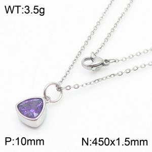 Fashion stainless steel 450 × 1.5mm fine chain paired with hanging triangular purple glass pendant charm silver necklace - KN238991-LK