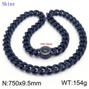 European and American fashion stainless steel 750 × 9.5mm Cuban chain diamond round buckle men's temperament black necklace - KN239161-Z