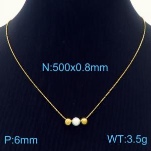 Fashion stainless steel 500 × 0.8mm fine chain with 2 beads and 1 6mm pearl pendant Charming gold necklace - KN239275-ZC