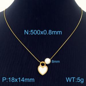 Fashion stainless steel 500 × 0.8mm Fine Chain Hanging White Shell Heart shaped Pendant Pearl Charm Gold Necklace - KN239281-ZC