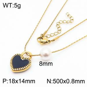 Fashion stainless steel 500 × 0.8mm Fine Chain Hanging Black Shell Heart shaped Pendant Pearl Charm Gold Necklace - KN239282-ZC