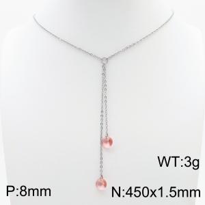 Fashion Stainless Steel 450 × 1.5mm O-chain hanging tassel hanging pink water brick pendant charm silver necklace - KN239292-Z