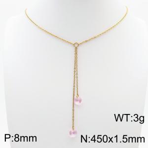 Fashion stainless steel 450 × 1.5mm O-chain hanging tassel hanging light pink water brick pendant charm gold necklace - KN239299-Z