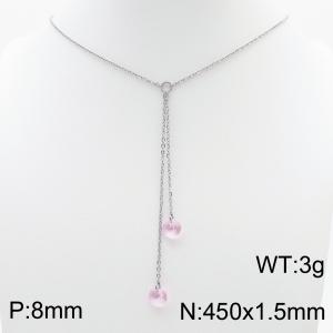 Fashion stainless steel 450 × 1.5mm O-chain hanging tassel hanging light pink water brick pendant charm silver necklace - KN239300-Z