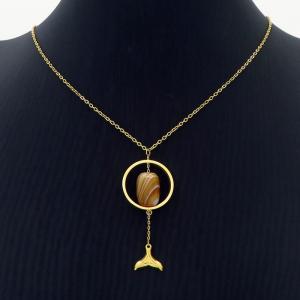 Round fish tail golden titanium steel brown natural stone necklace - KN239305-MS