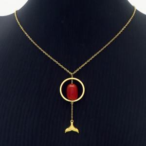Round fishtail gold titanium steel red natural stone necklace - KN239306-MS
