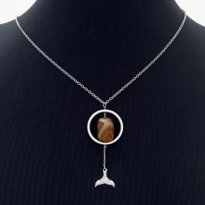 Round fishtail steel color titanium steel brown natural stone necklace - KN239307-MS